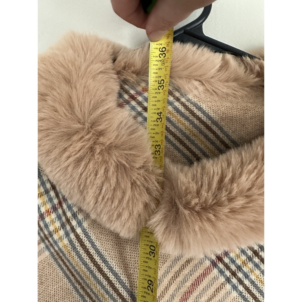 Faux Fur Collar Cropped Cape Poncho Beige Tartan Plaid - Picture 9 of 10